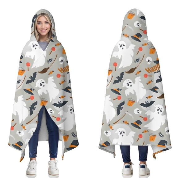 Wearable Blanket,Halloween Ghosts and Witchy Elements Hooded Wearable Sherpa Blanket for Adults & Teens,Winter Poncho Shawl Wrap Cape Thick Warm,60"x80"