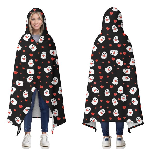 Wearable Blanket,Halloween Ghosts with Red Hearts Hooded Wearable Sherpa Blanket for Adults & Teens,Winter Poncho Shawl Wrap Cape Thick Warm,50"x60"