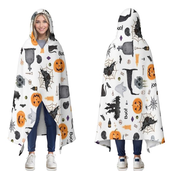 Wearable Blanket,Halloween Gravestones Ghosts and Pumpkins Hooded Wearable Sherpa Blanket for Adults & Teens,Winter Poncho Shawl Wrap Cape Thick Warm,50"x60"
