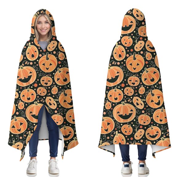 Wearable Blanket,Halloween Jack Lanterns Galore Pattern Hooded Wearable Flannel Blanket for Adults & Teens,Winter Poncho Shawl Wrap Cape Cozy Anti-Pill,50"x60"