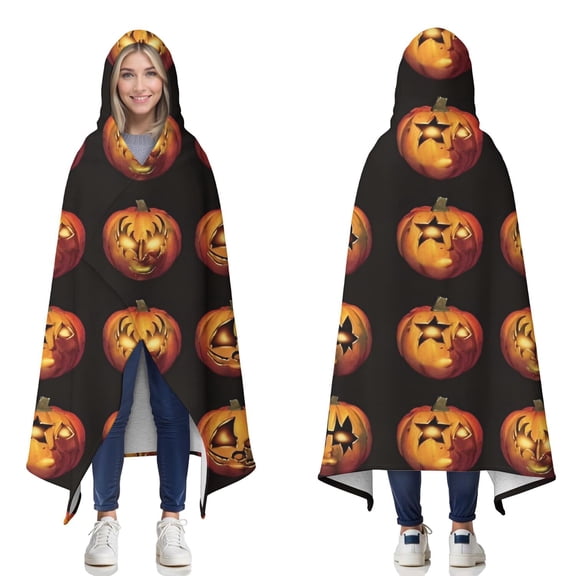 Wearable Blanket,Halloween Jack Lanterns Pattern Hooded Wearable Sherpa Blanket for Adults & Teens,Winter Poncho Shawl Wrap Cape Thick Warm,50"x60"
