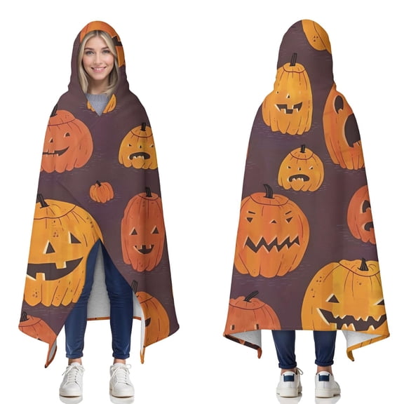 Wearable Blanket,Halloween Jack Lanterns Variety Pattern Hooded Wearable Sherpa Blanket for Adults & Teens,Winter Poncho Shawl Wrap Cape Thick Warm,50"x60"