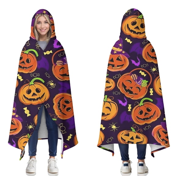 Wearable Blanket,Halloween Jack O Lanterns with Candy Hooded Wearable Sherpa Blanket for Adults & Teens,Winter Poncho Shawl Wrap Cape Thick Warm,60"x80"