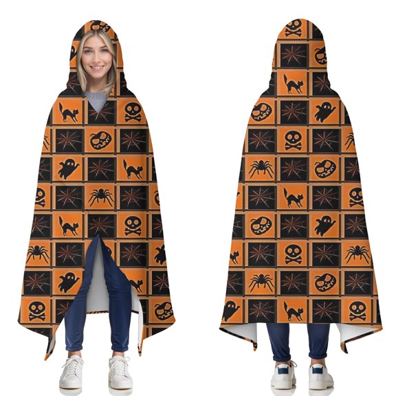 Wearable Blanket,Halloween Patchwork Icons Pattern Hooded Wearable Flannel Blanket for Adults & Teens,Winter Poncho Shawl Wrap Cape Cozy Anti-Pill,60"x80"