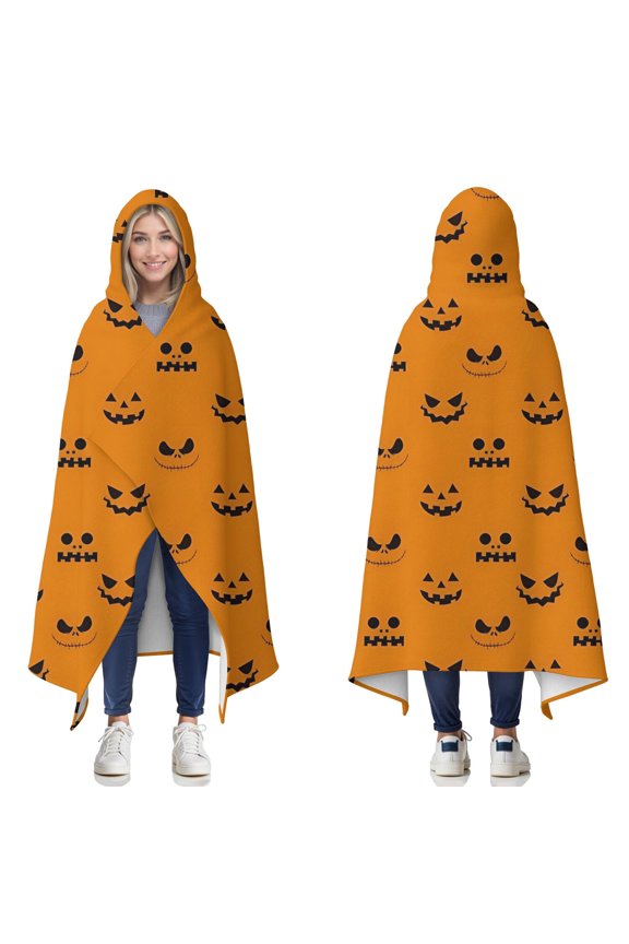 Wearable Blanket,Halloween Pumpkin Face Silhouettes Hooded Wearable Flannel Blanket for Adults & Teens,Winter Poncho Shawl Wrap Cape Cozy Anti-Pill,50"x60"