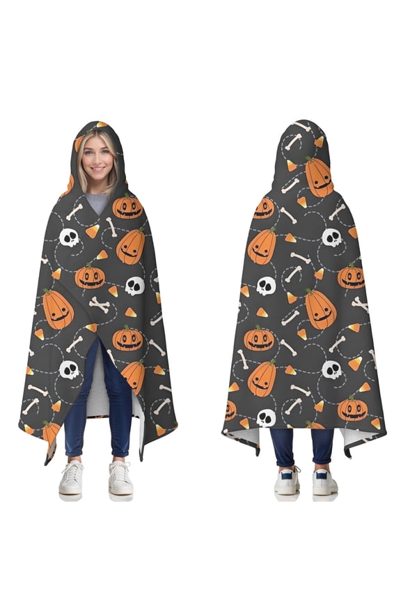 Wearable Blanket,Halloween Pumpkin Skull Pattern Hooded Wearable Sherpa Blanket for Adults & Teens,Winter Poncho Shawl Wrap Cape Thick Warm,50"x60"