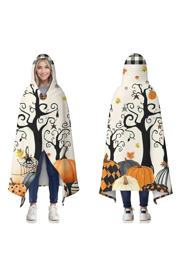 Wearable Blanket,Halloween Pumpkins and Spooky Trees Hooded Wearable Sherpa Blanket for Adults & Teens,Winter Poncho Shawl Wrap Cape Thick Warm,50"x60"