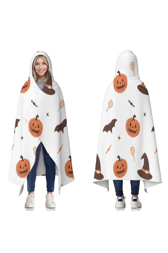 Wearable Blanket,Halloween Pumpkins Witch Hats and Bats Hooded Wearable Sherpa Blanket for Adults & Teens,Winter Poncho Shawl Wrap Cape Thick Warm,60"x80"