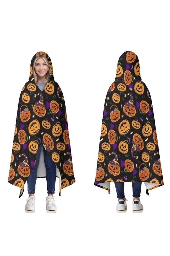 Wearable Blanket,Halloween Pumpkins with Witch Hats Hooded Wearable Sherpa Blanket for Adults & Teens,Winter Poncho Shawl Wrap Cape Thick Warm,60"x80"
