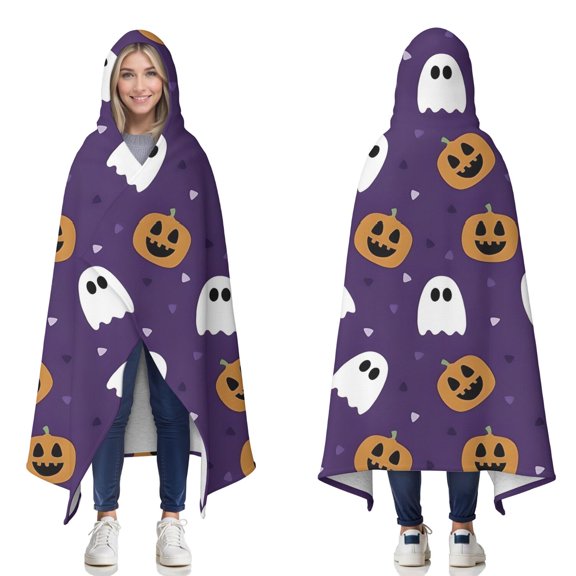 Wearable Blanket,Halloween Purple Ghosts and Pumpkins Hooded Wearable Sherpa Blanket for Adults & Teens,Winter Poncho Shawl Wrap Cape Thick Warm,50"x60"