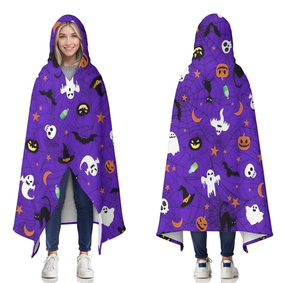 Wearable Blanket,Halloween Purple Spider Web Pattern Hooded Wearable Sherpa Blanket for Adults & Teens,Winter Poncho Shawl Wrap Cape Thick Warm,50"x60"