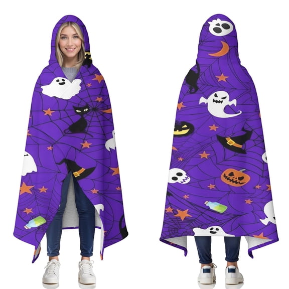 Wearable Blanket,Halloween Purple Spider Web Pattern Hooded Wearable Sherpa Blanket for Adults & Teens,Winter Poncho Shawl Wrap Cape Thick Warm,50"x60"