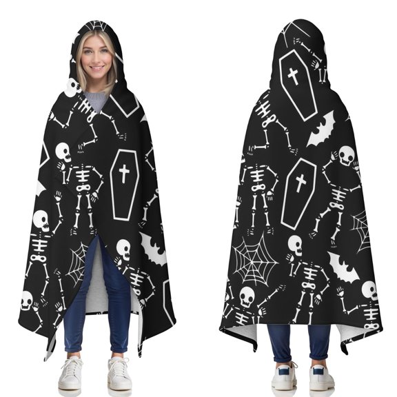 Wearable Blanket,Halloween Skeleton Coffin Pattern Hooded Wearable Sherpa Blanket for Adults & Teens,Winter Poncho Shawl Wrap Cape Thick Warm,60"x80"