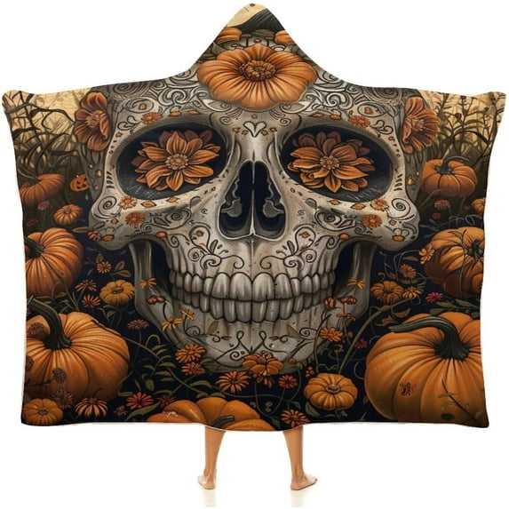 Wearable Blanket Halloween Skull Cloak Hooded Blanket for Women Kids Cozy and Comfy Halloween Pumpkin Gift