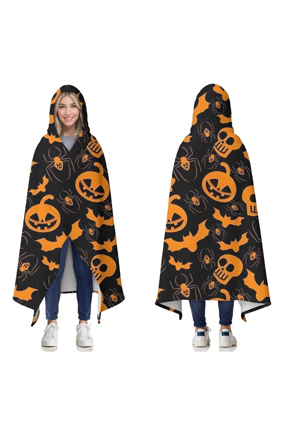Wearable Blanket,Halloween Spider Bat Pattern Hooded Wearable Sherpa Blanket for Adults & Teens,Winter Poncho Shawl Wrap Cape Thick Warm,60"x80"