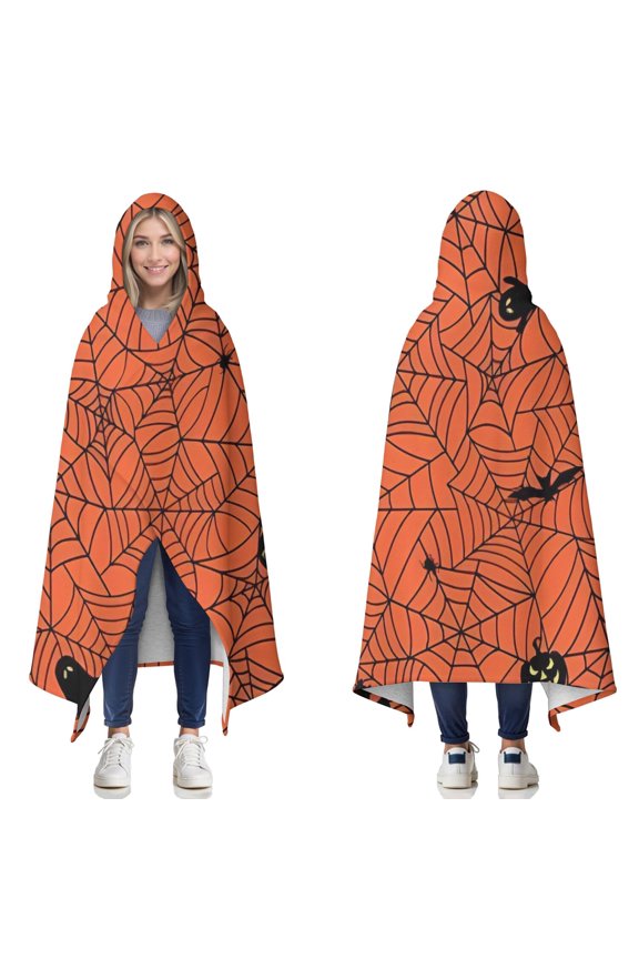 Wearable Blanket,Halloween Spider Web Silhouette Pattern Hooded Wearable Sherpa Blanket for Adults & Teens,Winter Poncho Shawl Wrap Cape Thick Warm,60"x80"
