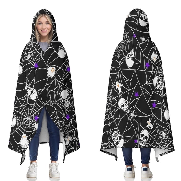 Wearable Blanket,Halloween Spider Web and Skulls Pattern Hooded Wearable Sherpa Blanket for Adults & Teens,Winter Poncho Shawl Wrap Cape Thick Warm,50"x60"