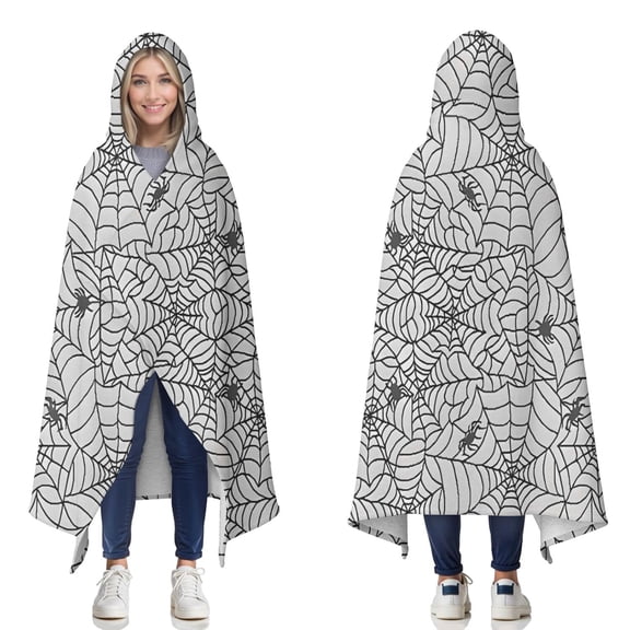Wearable Blanket,Halloween Spider Web and Spiders Hooded Wearable Sherpa Blanket for Adults & Teens,Winter Poncho Shawl Wrap Cape Thick Warm,60"x80"