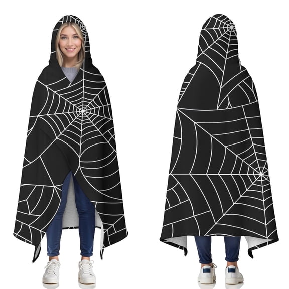 Wearable Blanket,Halloween Spider Webs Hooded Wearable Sherpa Blanket for Adults & Teens,Winter Poncho Shawl Wrap Cape Thick Warm,50"x60"