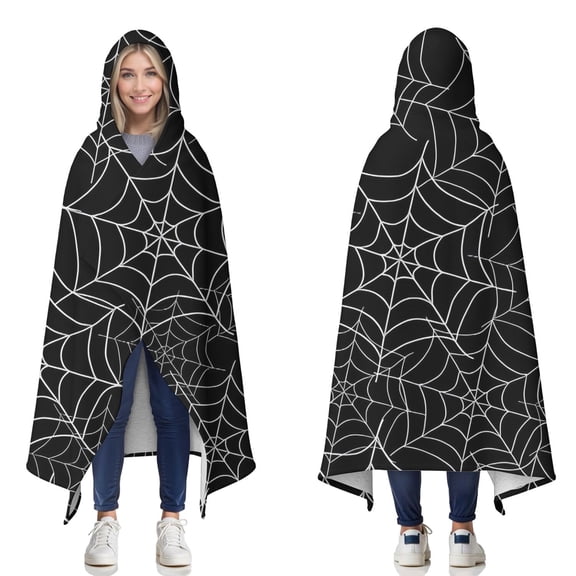 Wearable Blanket,Halloween Spider Webs Hooded Wearable Sherpa Blanket for Adults & Teens,Winter Poncho Shawl Wrap Cape Thick Warm,50"x60"