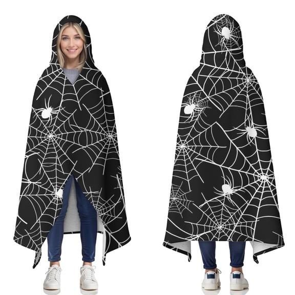 Wearable Blanket,Halloween Spider Webs with Spiders Hooded Wearable Sherpa Blanket for Adults & Teens,Winter Poncho Shawl Wrap Cape Thick Warm,50"x60"