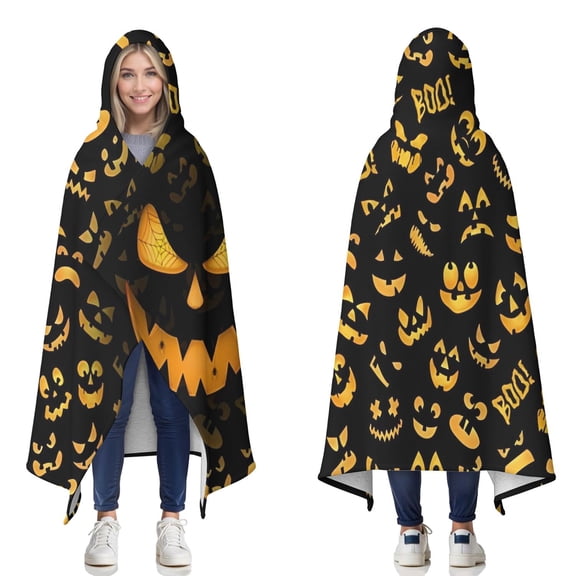 Wearable Blanket,Halloween Spooky Jack O Lanterns Hooded Wearable Sherpa Blanket for Adults & Teens,Winter Poncho Shawl Wrap Cape Thick Warm,50"x60"