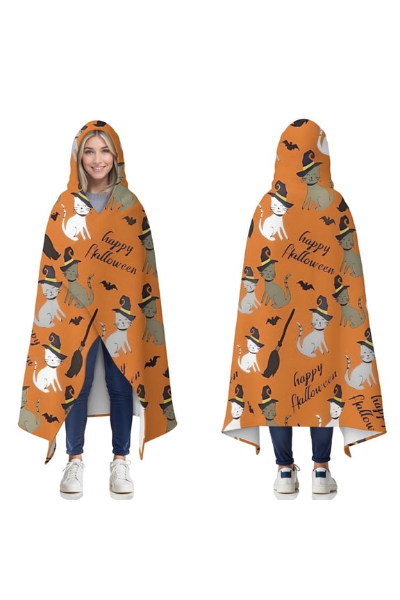 Wearable Blanket,Halloween Witch Cats Pattern Hooded Wearable Flannel Blanket for Adults & Teens,Winter Poncho Shawl Wrap Cape Cozy Anti-Pill,50"x60"