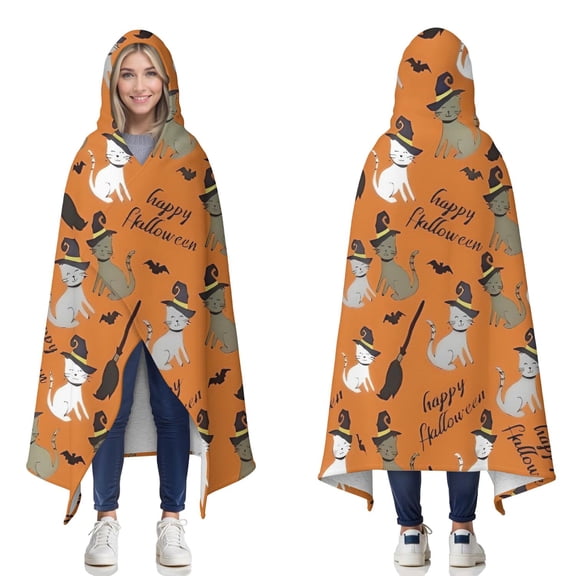 Wearable Blanket,Halloween Witch Cats Pattern Hooded Wearable Sherpa Blanket for Adults & Teens,Winter Poncho Shawl Wrap Cape Thick Warm,50"x60"