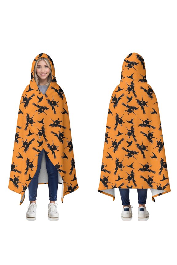 Wearable Blanket,Halloween Witches on Brooms Pattern Hooded Wearable Sherpa Blanket for Adults & Teens,Winter Poncho Shawl Wrap Cape Thick Warm,50"x60"