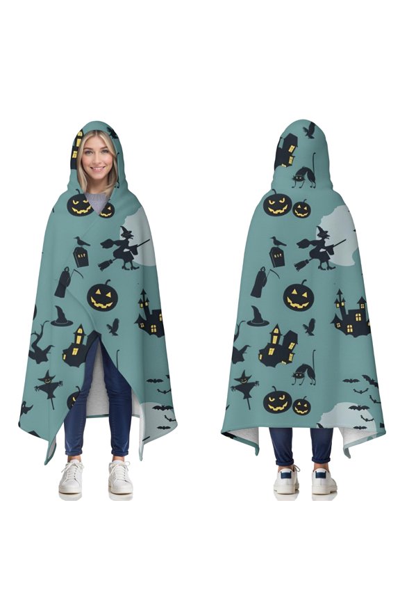 Wearable Blanket,Halloween Witchy Motifs Pattern Hooded Wearable Sherpa Blanket for Adults & Teens,Winter Poncho Shawl Wrap Cape Thick Warm,50"x60"