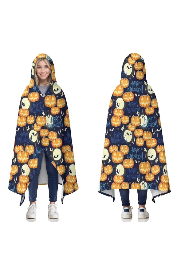 Wearable Blanket,Happy Halloween Pumpkin Pattern Hooded Wearable Sherpa Blanket for Adults & Teens,Winter Poncho Shawl Wrap Cape Thick Warm,50"x60"