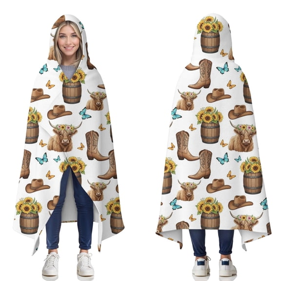 Wearable Blanket,Highland Cow Barrel Boot Butterfly Pattern Hooded Wearable Flannel Blanket for Adults & Teens,Winter Poncho Shawl Wrap Cape Cozy Anti-Pill,50"x60"