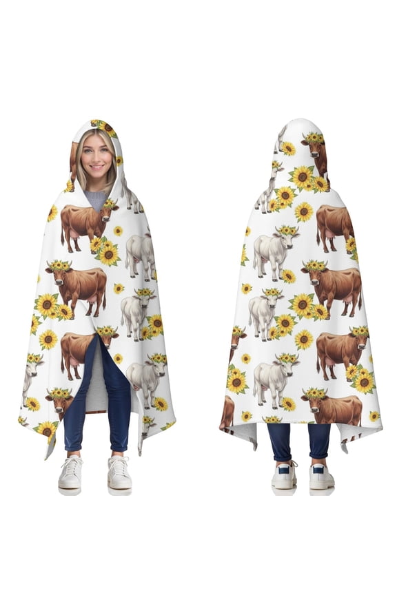 Wearable Blanket,Highland Cow Sunflower Cow Pattern Hooded Wearable Sherpa Blanket for Adults & Teens,Winter Poncho Shawl Wrap Cape Thick Warm,50"x60"