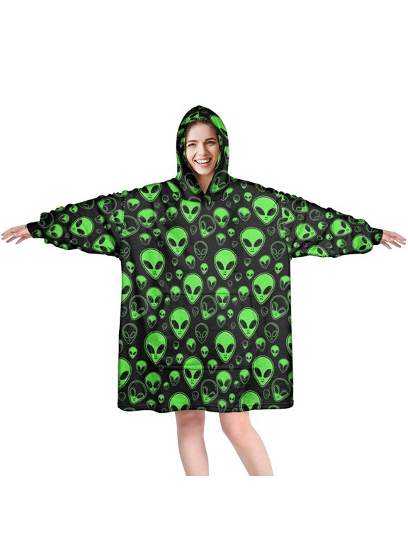 Wearable Blanket Hoodie,Alien Head Black Pattern Oversized Sherpa Blanket Hoodie with Super Pockets,Super Warm Fuzzy Pullover for Women & Men
