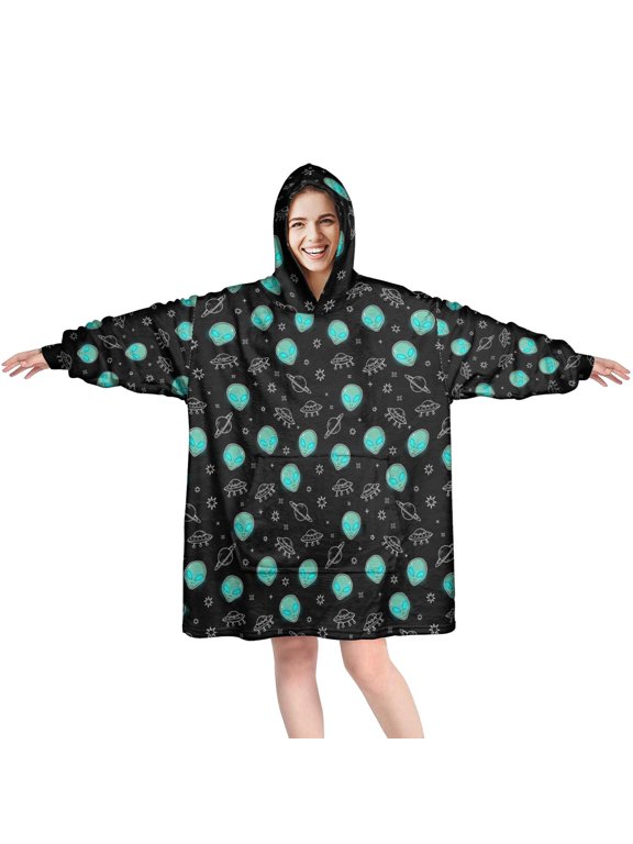 Wearable Blanket Hoodie,Alien Head and UFO Deep Black Pattern Oversized Sherpa Blanket Hoodie with Super Pockets,Super Warm Fuzzy Pullover for Women & Men