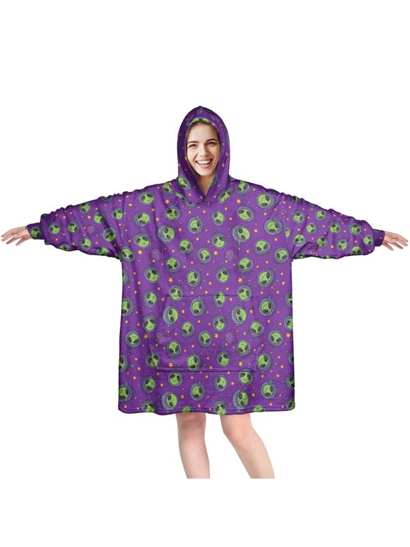 Wearable Blanket Hoodie,Alien Spacesuit Purple Pattern Oversized Sherpa Blanket Hoodie with Super Pockets,Super Warm Fuzzy Pullover for Women & Men