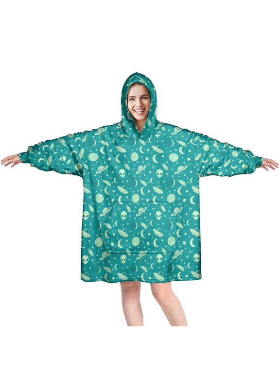 Wearable Blanket Hoodie,Alien UFO Teal Pattern Oversized Sherpa Blanket Hoodie with Super Pockets,Super Warm Fuzzy Pullover for Women & Men