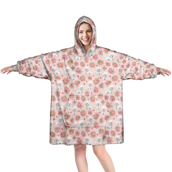 Wearable Blanket Hoodie,Bichon Frise and Floral Pink Pattern Oversized Sherpa Blanket Hoodie with Super Pockets,Super Warm Fuzzy Pullover for Women & Men