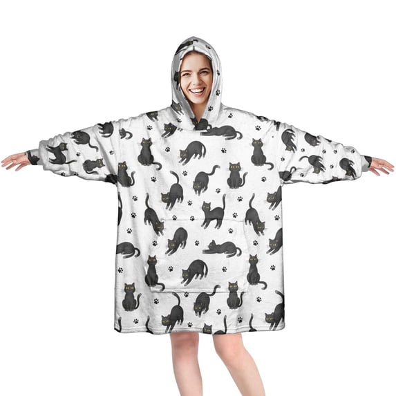 Wearable Blanket Hoodie,Black Cat and Paw Print White Pattern Oversized Sherpa Blanket Hoodie with Super Pockets,Super Warm Fuzzy Pullover for Women & Men