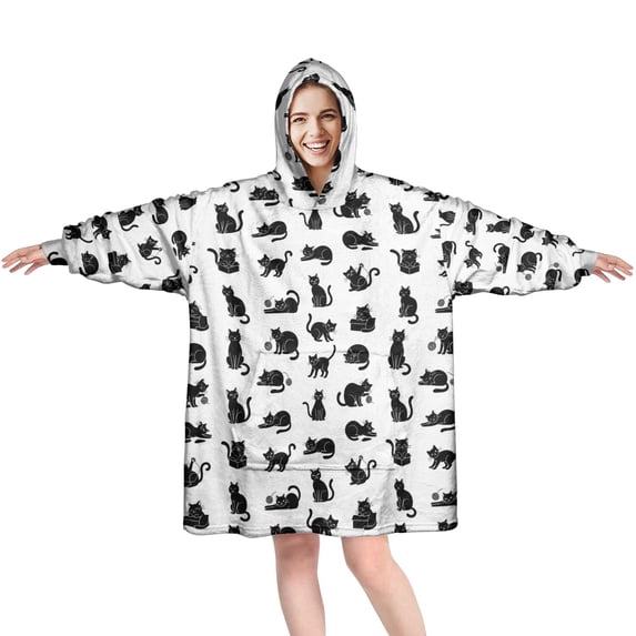 Wearable Blanket Hoodie,Black Cat and Yarn White Pattern Oversized Sherpa Blanket Hoodie with Super Pockets,Super Warm Fuzzy Pullover for Women & Men