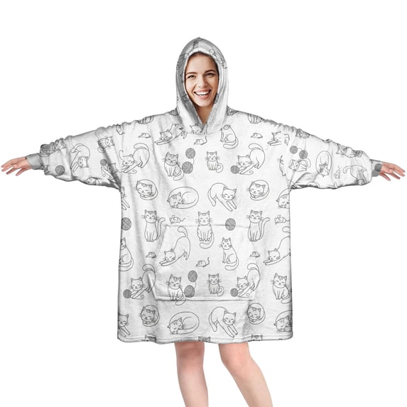 Wearable Blanket Hoodie,Cat and Yarn Line Art White Pattern Oversized Sherpa Blanket Hoodie with Super Pockets,Super Warm Fuzzy Pullover for Women & Men