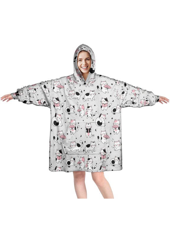 Wearable Blanket Hoodie,Cat and Fan White Pattern Oversized Sherpa Blanket Hoodie with Super Pockets,Super Warm Fuzzy Pullover for Women & Men