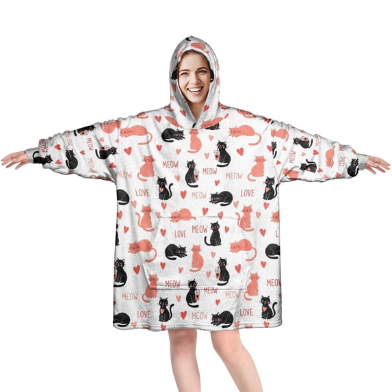 Wearable Blanket Hoodie,Cat and Heart White Pattern Oversized Sherpa Blanket Hoodie with Super Pockets,Super Warm Fuzzy Pullover for Women & Men
