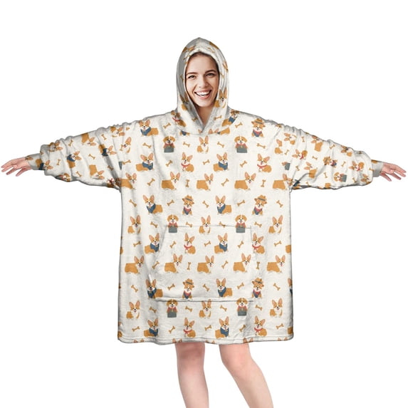 Wearable Blanket Hoodie,Corgi Costume and Bone Cream Oversized Sherpa Blanket Hoodie with Super Pockets,Super Warm Fuzzy Pullover for Women & Men