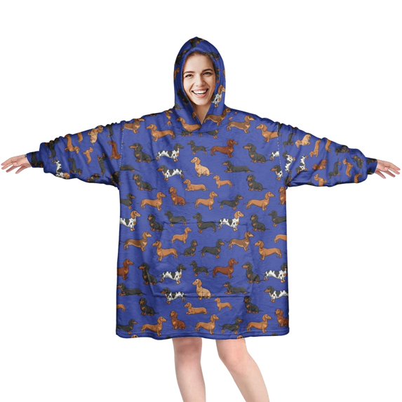 Wearable Blanket Hoodie,Dachshund Blue Pattern Oversized Sherpa Blanket Hoodie with Super Pockets,Super Warm Fuzzy Pullover for Women & Men
