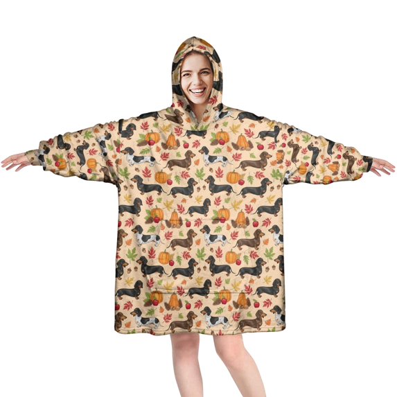 Wearable Blanket Hoodie,Dachshund and Pumpkin Orange Oversized Sherpa Blanket Hoodie with Super Pockets,Super Warm Fuzzy Pullover for Women & Men