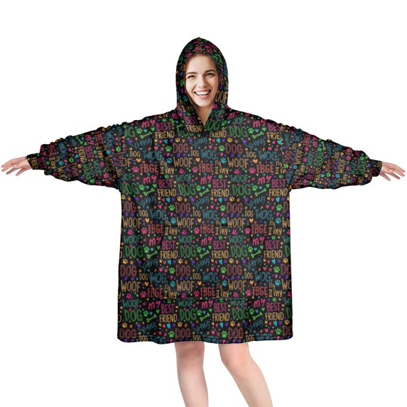 Wearable Blanket Hoodie,Dog Text and Dog Paw Print Oversized Sherpa Blanket Hoodie with Super Pockets,Super Warm Fuzzy Pullover for Women & Men