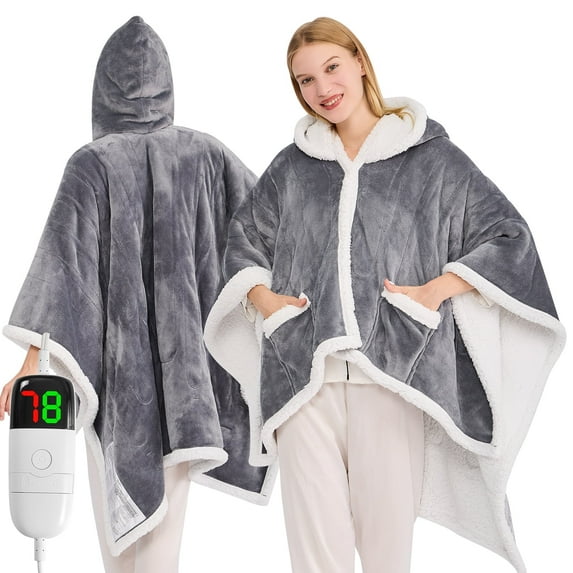 Heated Wearable Blanket Hoodie, Flannel Sherpa Fleece Blanket Sweatshirt for Adults Women Men