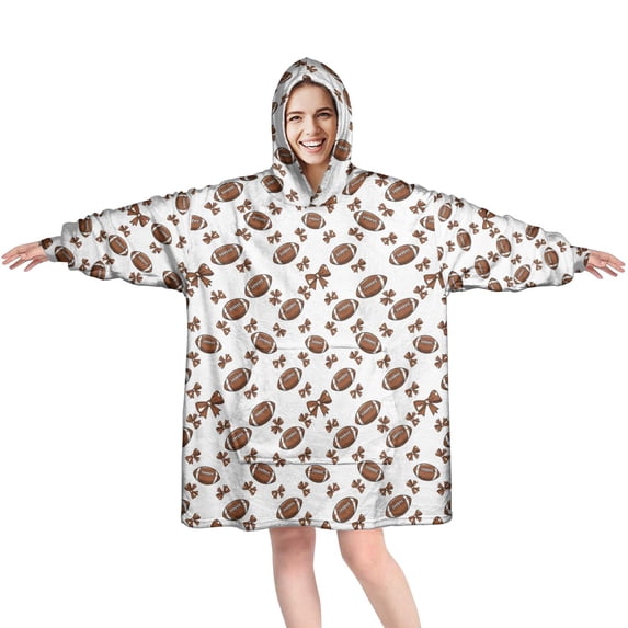 Wearable Blanket Hoodie,Football Bow White Pattern Oversized Sherpa Blanket Hoodie with Super Pockets,Super Warm Fuzzy Pullover for Women & Men