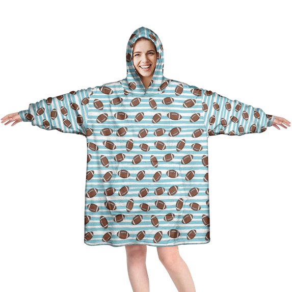 Wearable Blanket Hoodie,Football Stripe Blue Pattern Oversized Sherpa Blanket Hoodie with Super Pockets,Super Warm Fuzzy Pullover for Women & Men